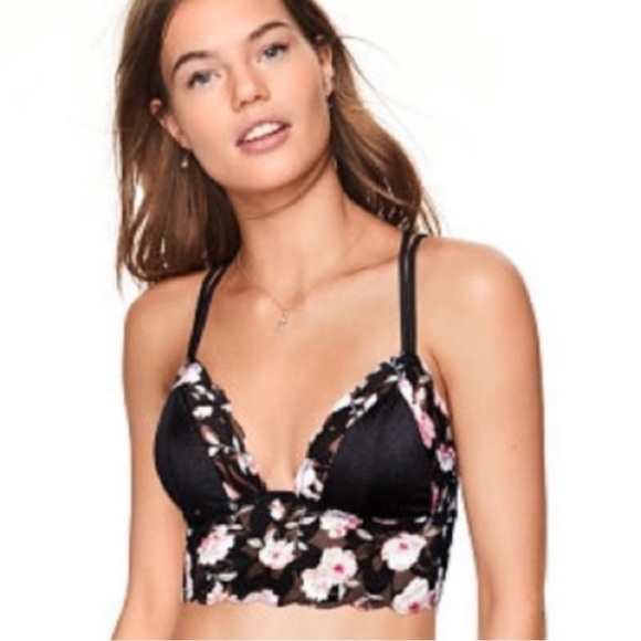 NWOT PINK Victoria’s Secret Unlined Satin Lace Bralette, Floral Pink/Black - Picture 3 of 10